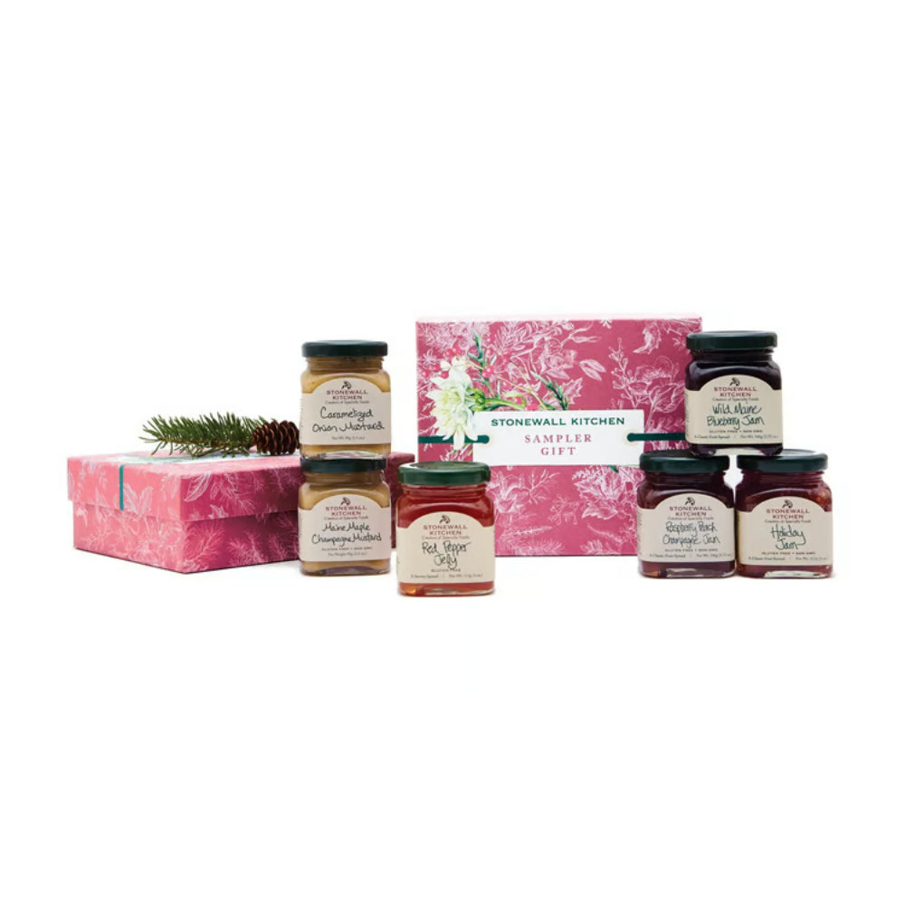 Collection of jars with a pink gift box labeled 'Stonewall Kitchen' on a white background.