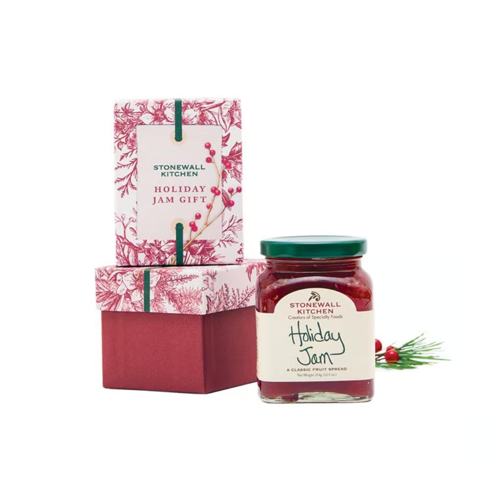 Stonewall Kitchen holiday jam gift set with a jar of jam and decorative packaging on a white background.