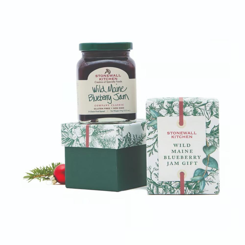 Stonewall Kitchen Wild Maine Blueberry Jam with decorative packaging on a white background