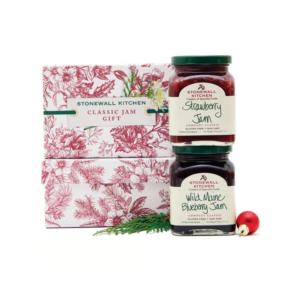Stonewall Kitchen jam jars with decorative packaging on a white background