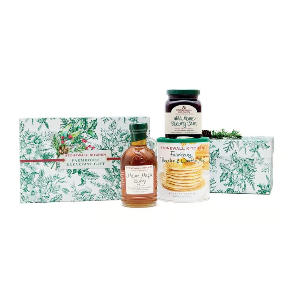 Set of Stonewall Kitchen products including syrup, jam, and a gift box on a white background