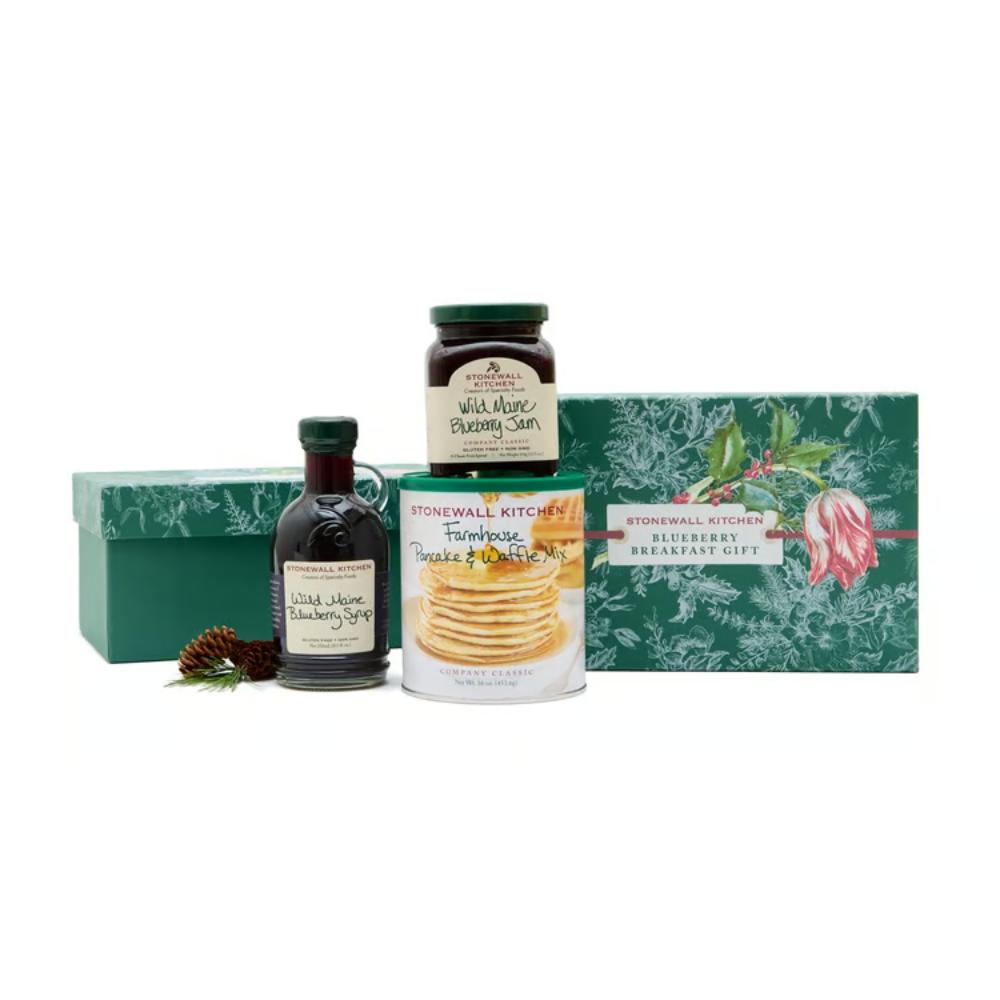 Stonewall Kitchen breakfast gift set with syrup, jam, and pancake mix on a white background