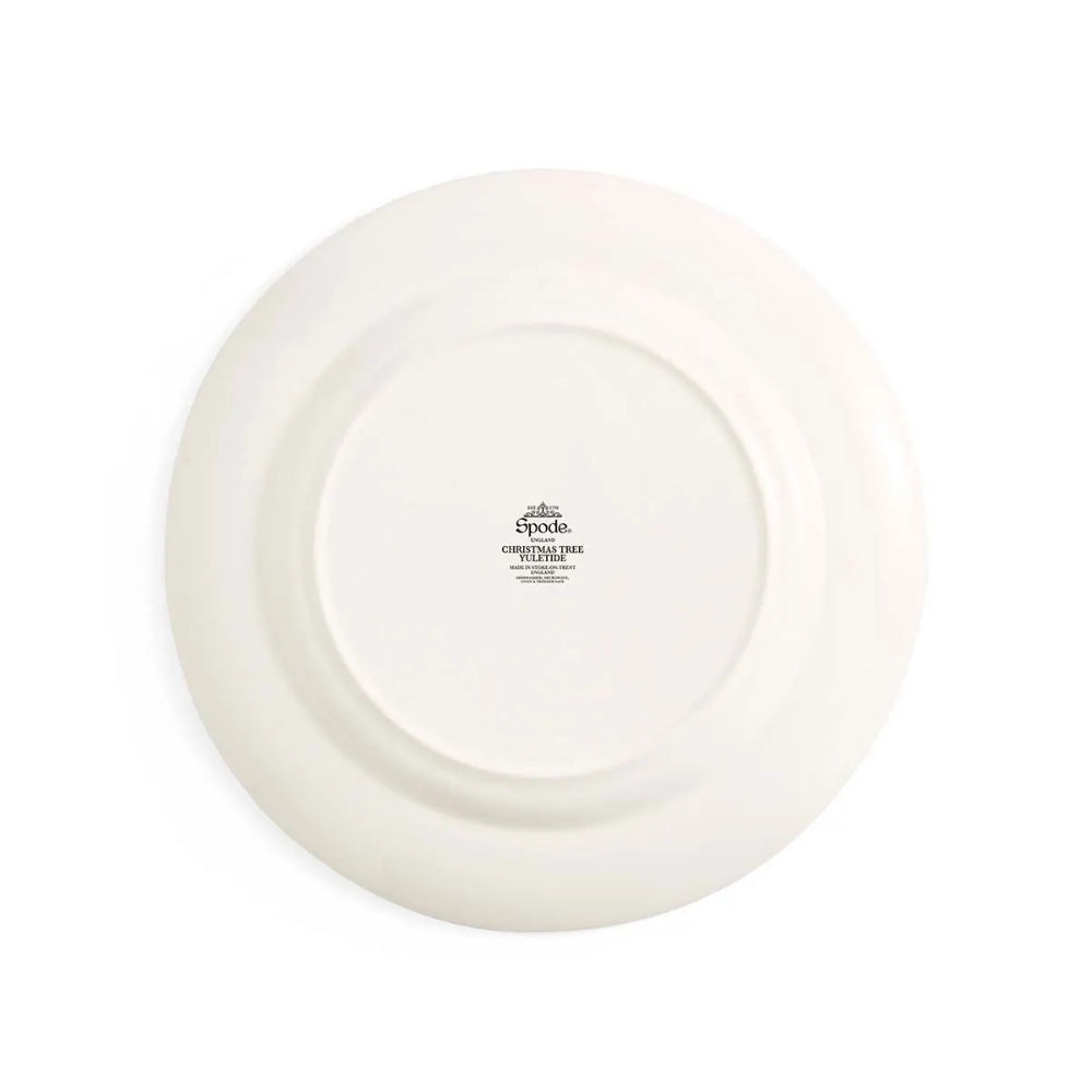The underside of a white ceramic plate with a small black printed logo in the center, isolated on a white background.