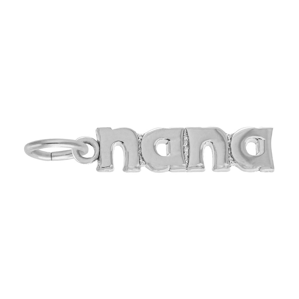 Silver 'nana' charm on a white background