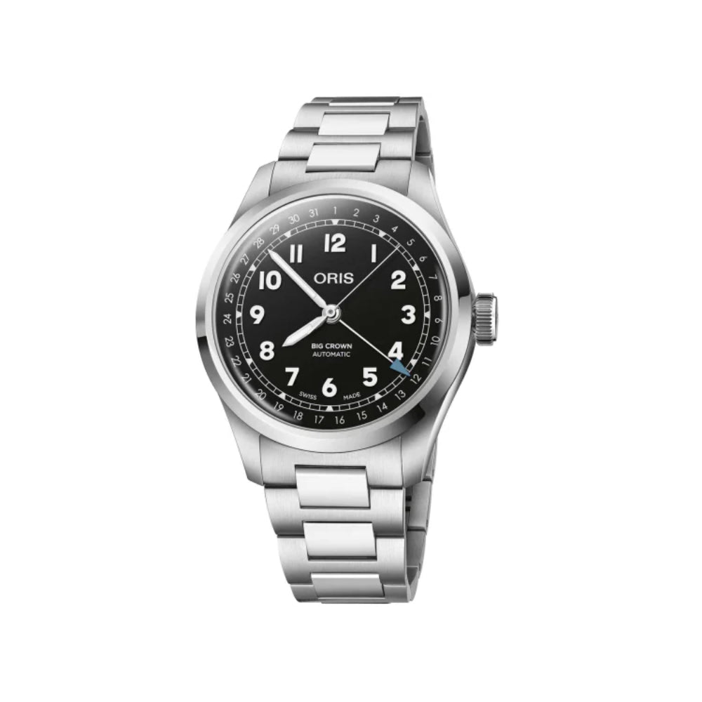 Oris watch with black dial and silver bracelet on a white background