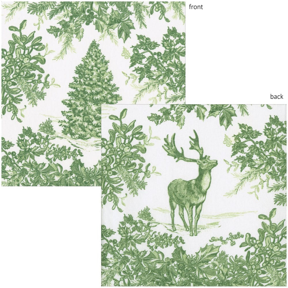 Two square napkins with a green toile-style botanical and deer print on a white background, labeled front and back to show the reverse side.