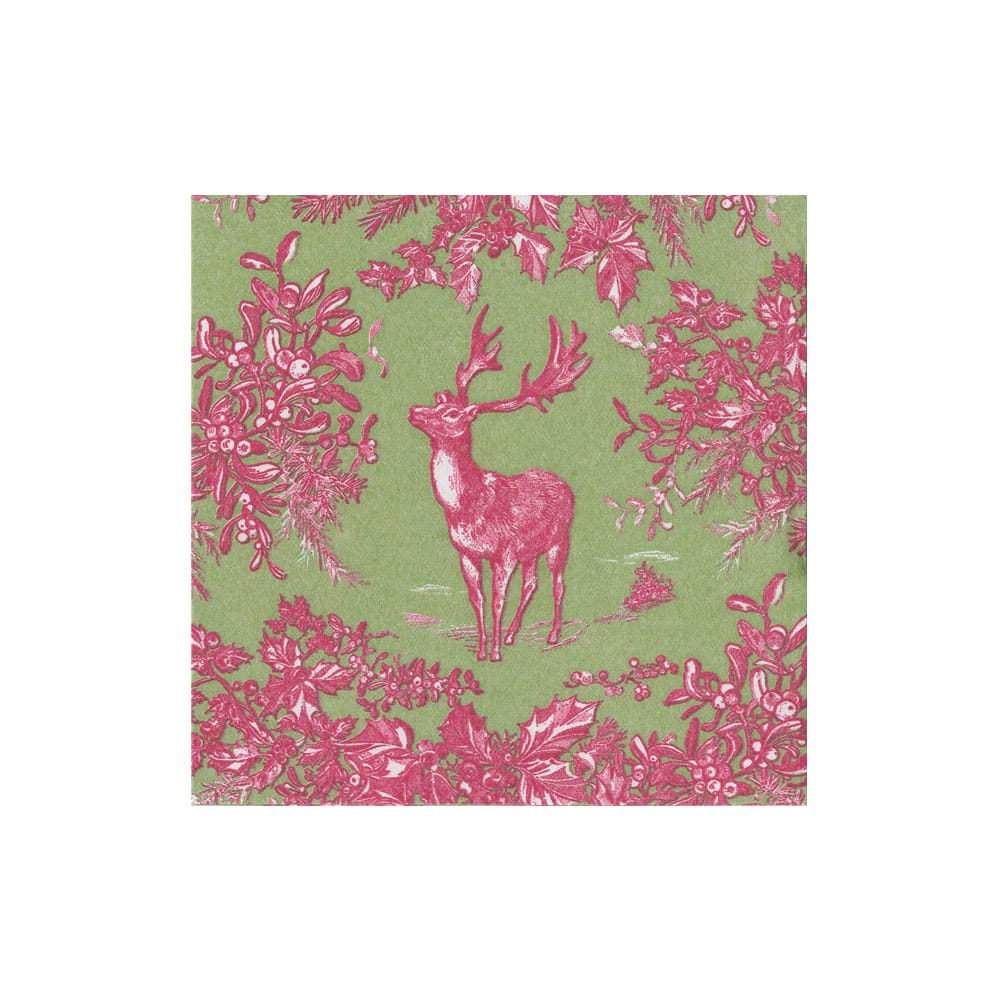 A cocktail napkin with green background and floral designs around a Reindeer. 