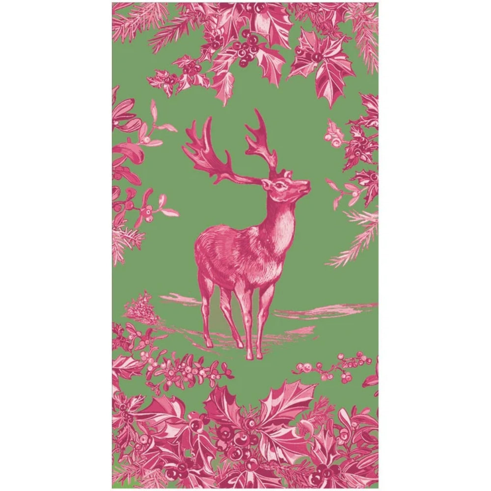 A rectangular guest towel featuring a pink deer surrounded by pink holly and leaf motifs on a muted green background, shown centered against a white surround.