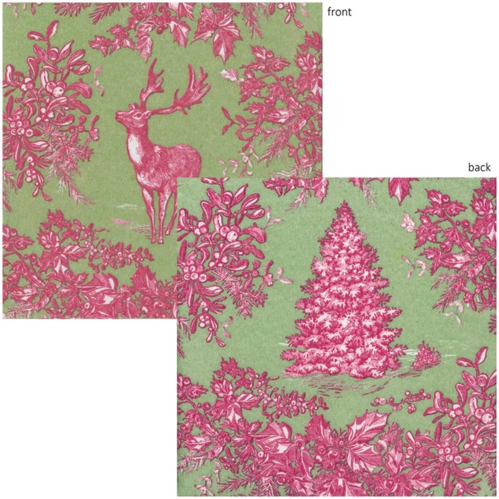 Two overlapping guest towel swatches on a white background, labeled front and back. The design shows a pink Christmas-themed toile pattern with a deer, holly, berries, and a Christmas tree on a light green ground.