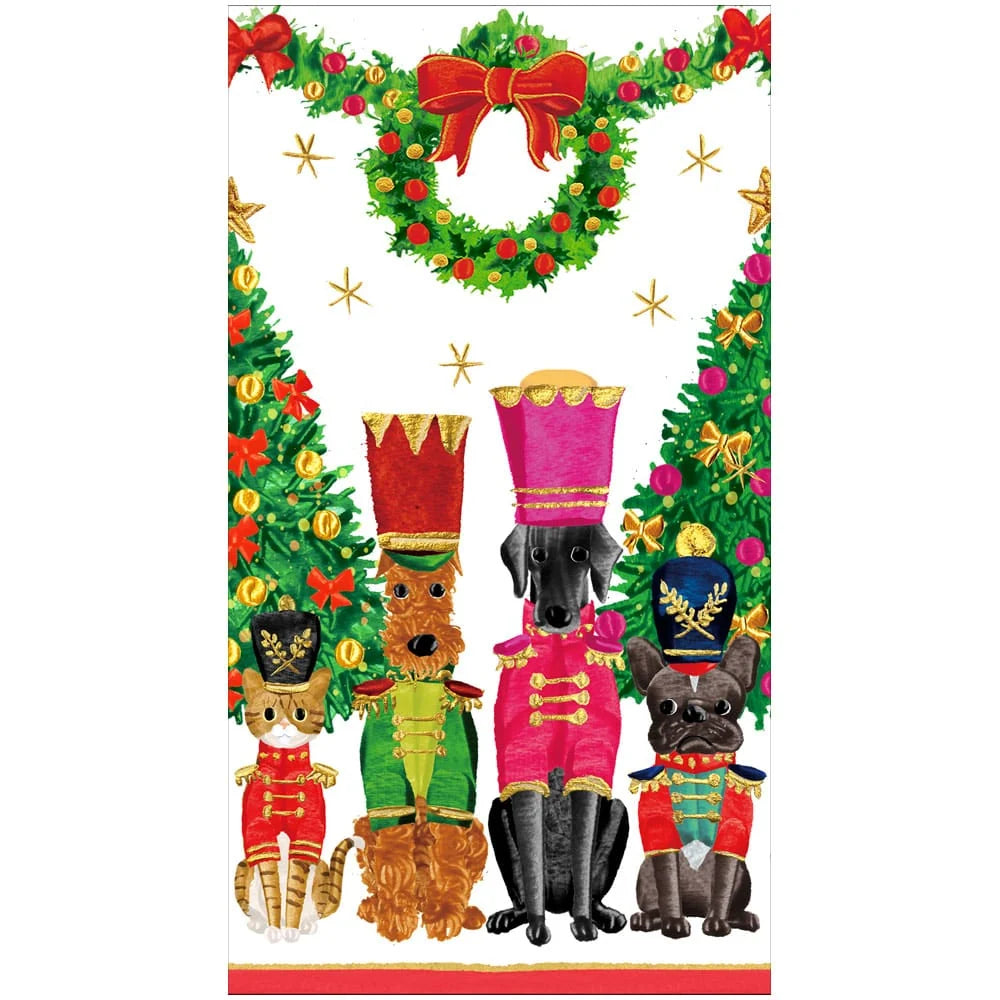 Christmas-themed napkins with dogs dressed as toy soldiers with a  wreath and christmas trees on a white background.