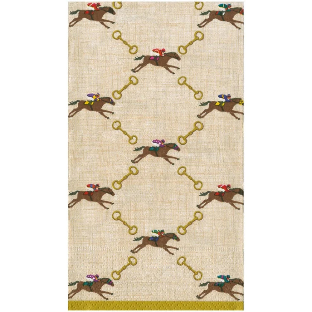 A rectangular guest towel with a beige woven-texture background featuring a repeating pattern of brown horses with jockeys and gold horsebit chain motifs.