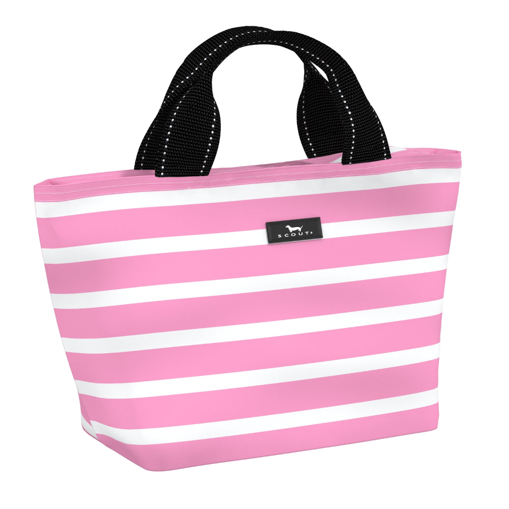 Pink and white striped lunch bag with black handle on a white background