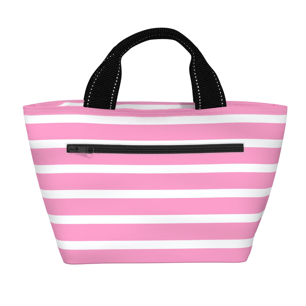 Pink and white striped lunch bag with black zipper and handles on a white background