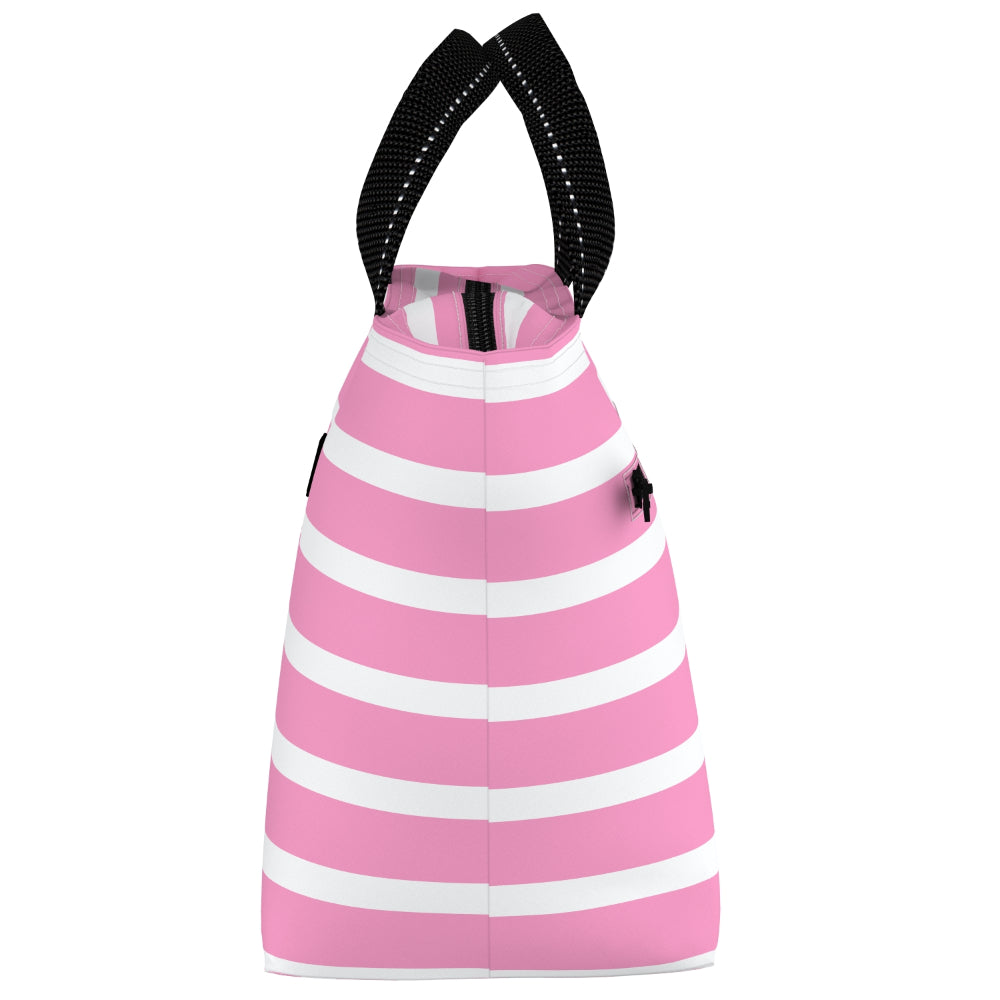 Pink and white striped lunchbox with black straps on a white background