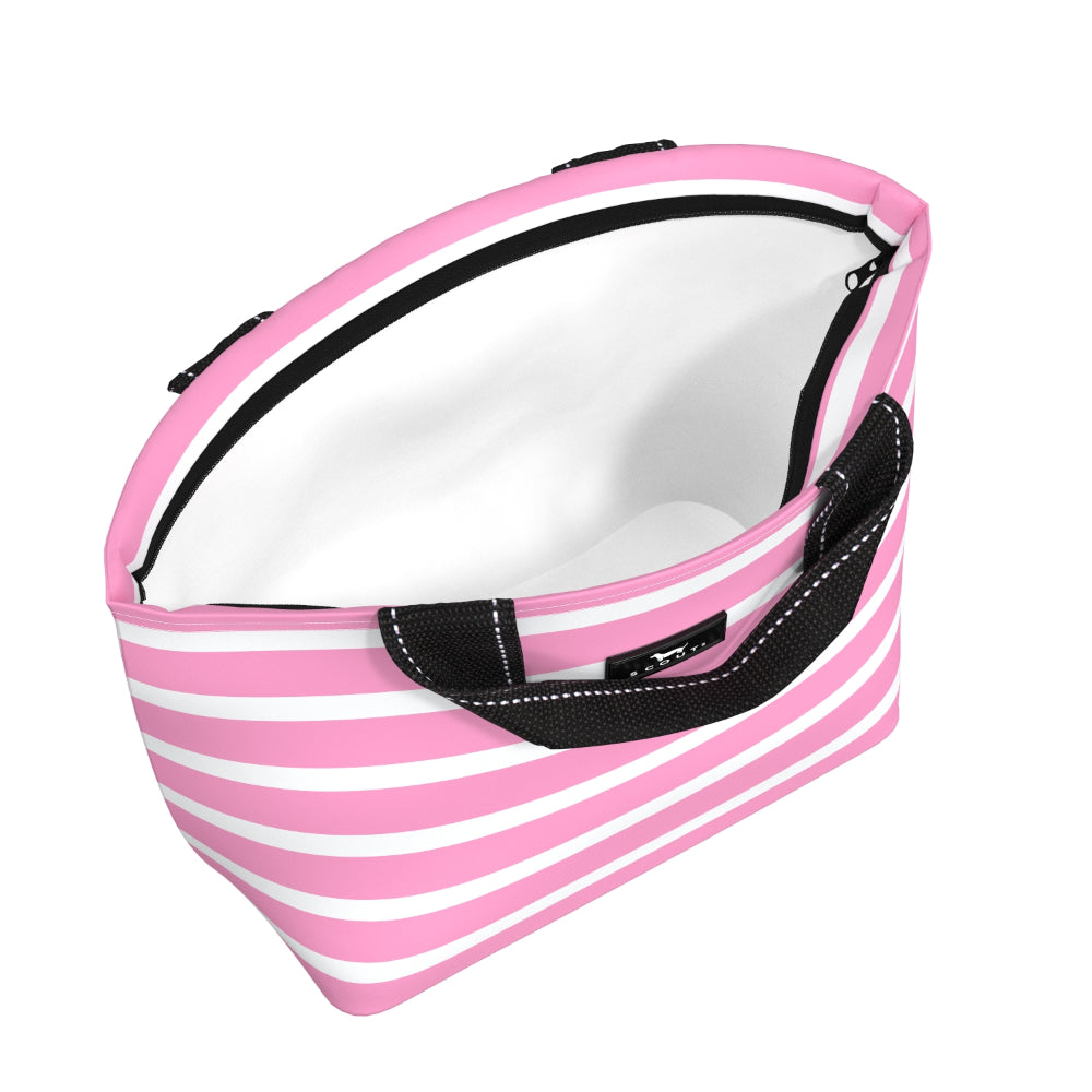 Pink and white striped lunch bag with black zipper on a white background