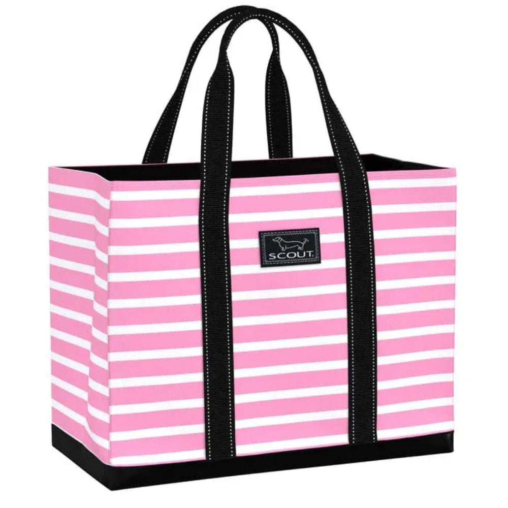 Large deano tote from Scout, pink and white stripedpattern with handles and Scout logo on white background. 