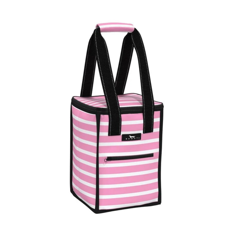 Palmetto Pink Scout pattern on soft cooler with handles, zipper, and Scout logo on background. 