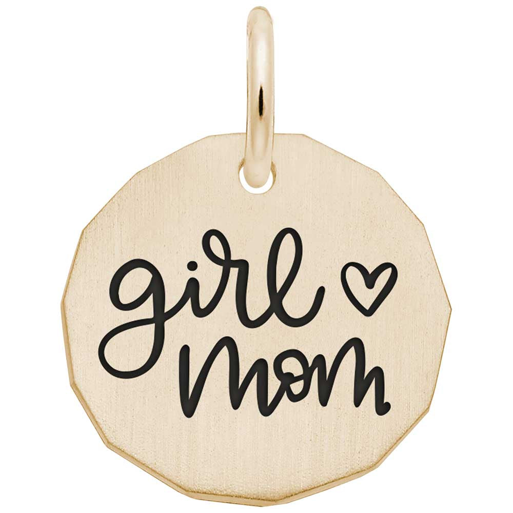 Gold pendant with 'girl mom' text on a white background