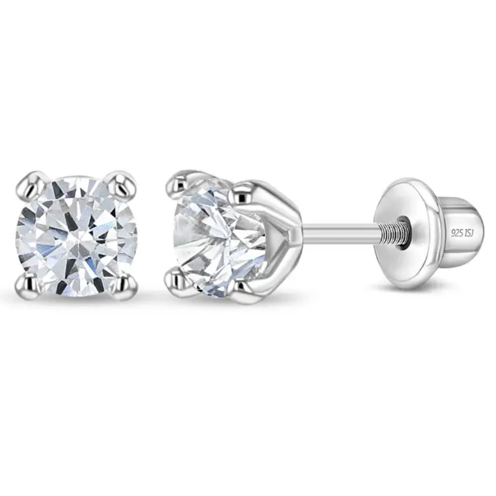 Children's Modern Solitaire CZ Sterling Silver Screw Back Earrings