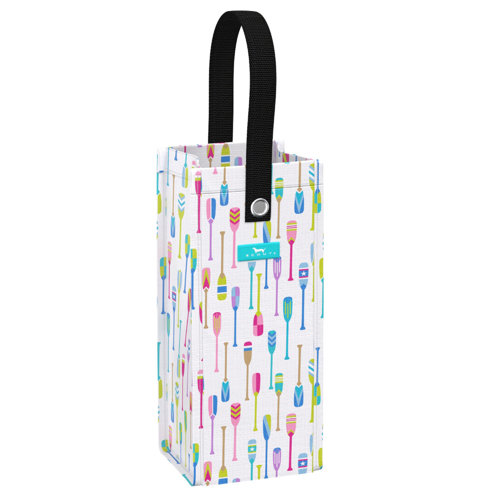 Gift bag with colorful pattern and black handle on a white background