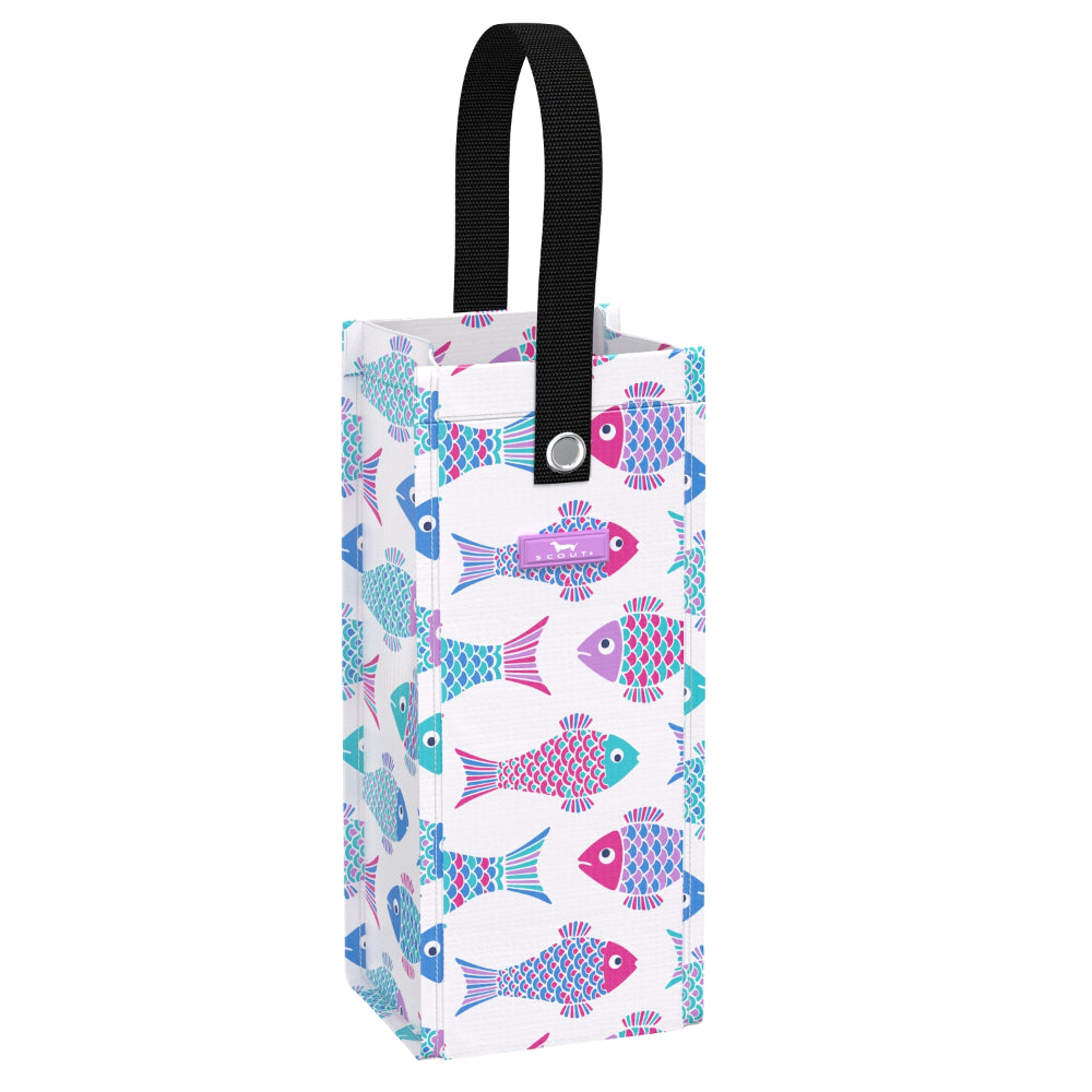 Reusable shopping bag with fish pattern and black handle on a white background