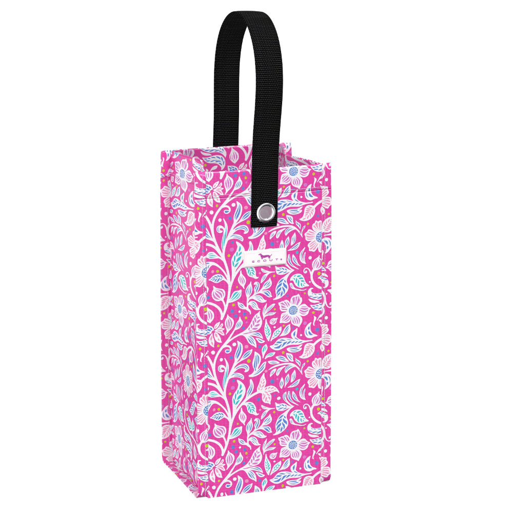 Floral-patterned wine bottle bag with a black handle on a white background