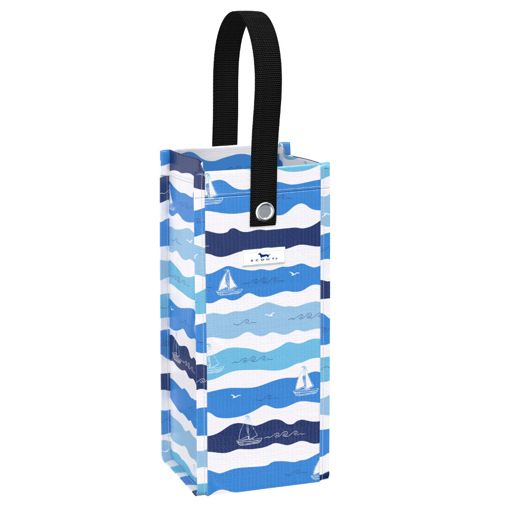 Blue and white striped bag with wave pattern and black handle on a white background