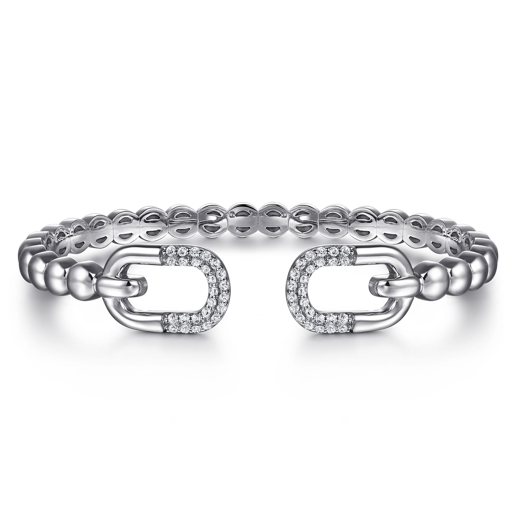 Silver bracelet with interlocking chain design on a white background