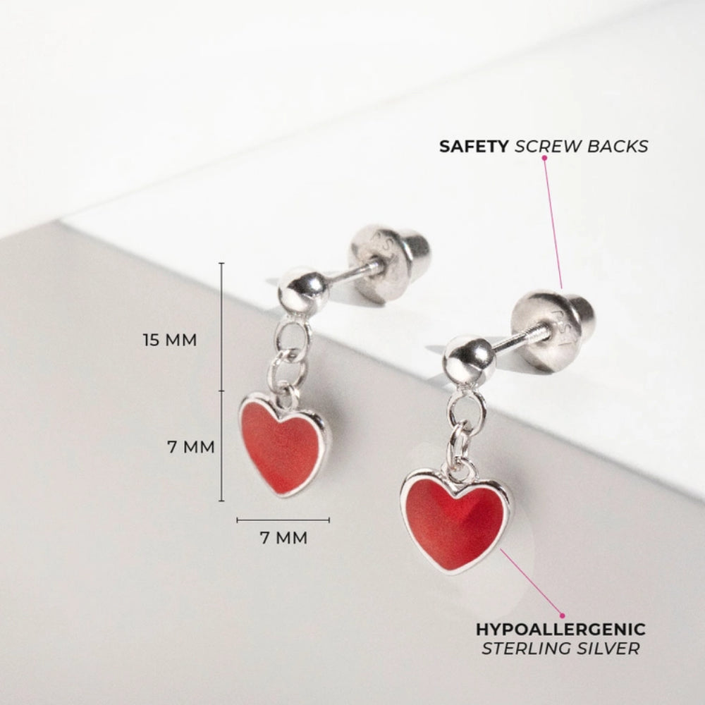 Children's Sterling Silver & Red Enamel Heart Dangle Screwback Earrings