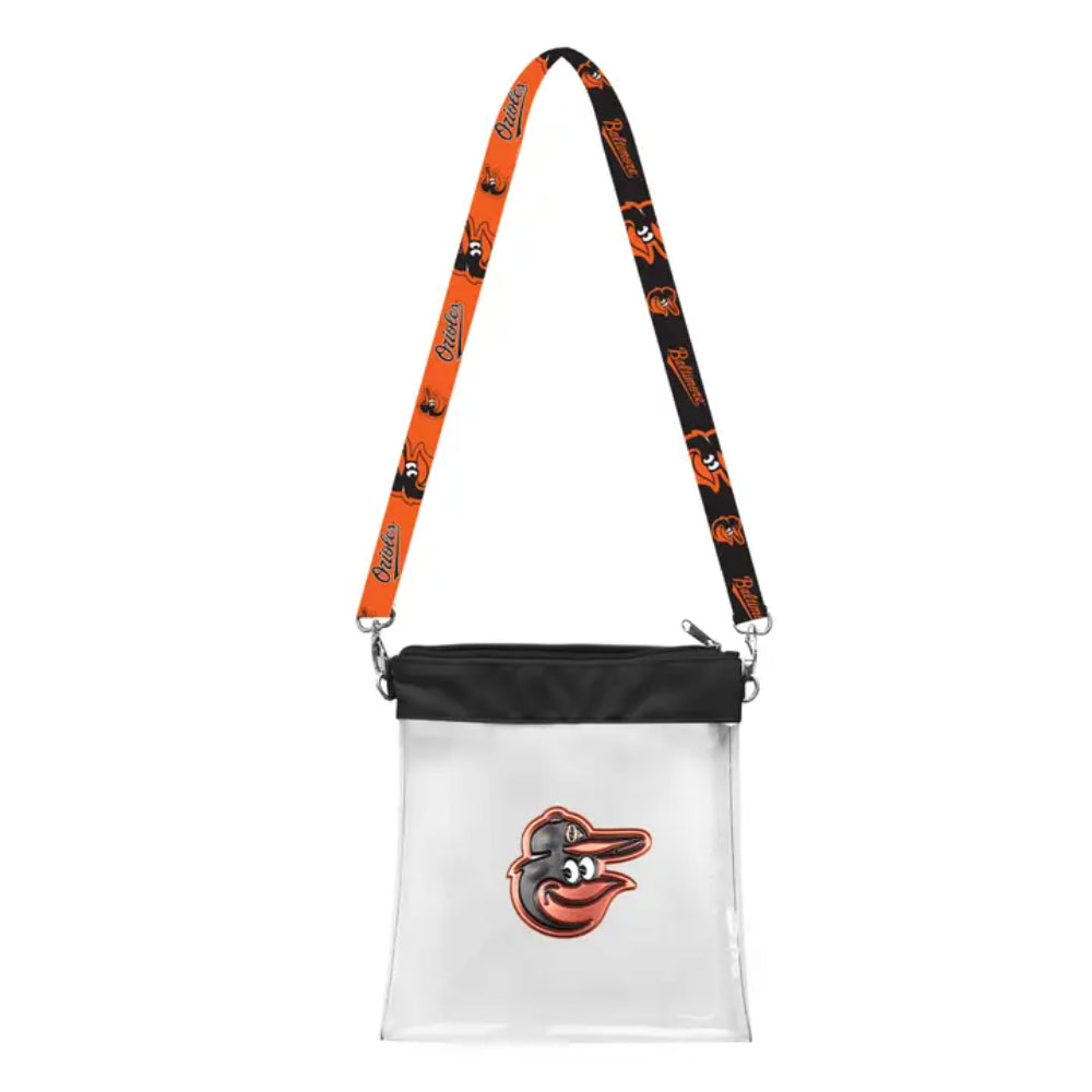 Black clear pouch with orange and black lanyard featuring a logo on a white background