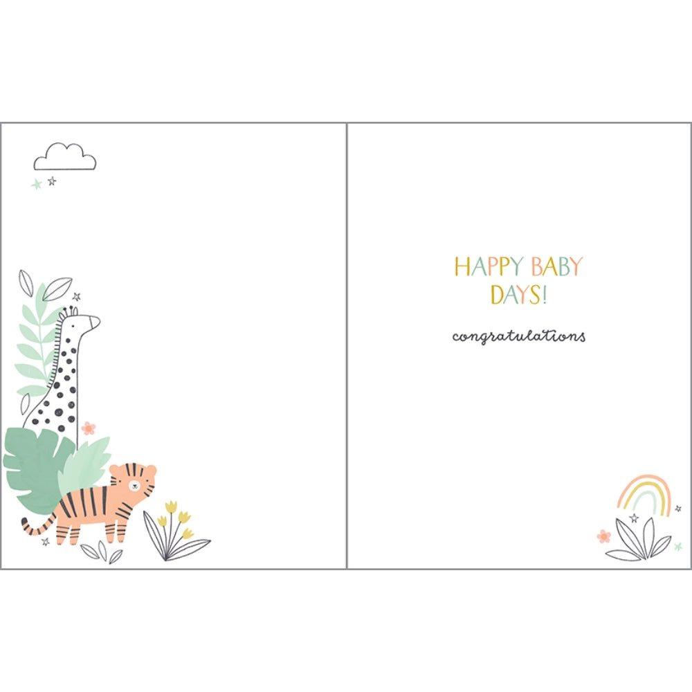 Birthday card interior with happy birthday message with animals and rainbow/leaf designs at the bottom of each end. 