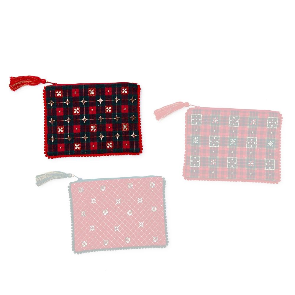 Two's Company Holiday Check Embellished Pouches with Embroidery Beading on the Front and Trim