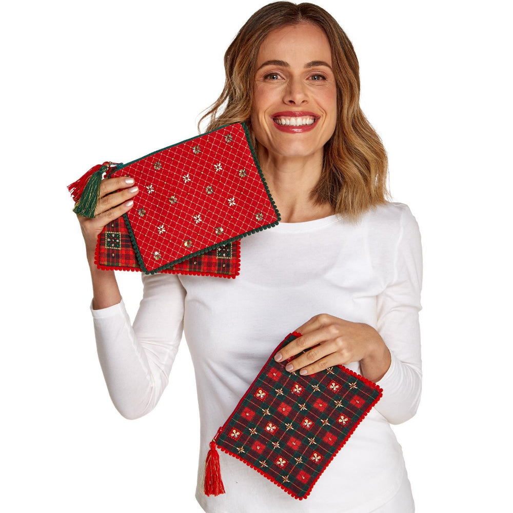 Two's Company Holiday Check Embellished Pouches with Embroidery Beading on the Front and Trim