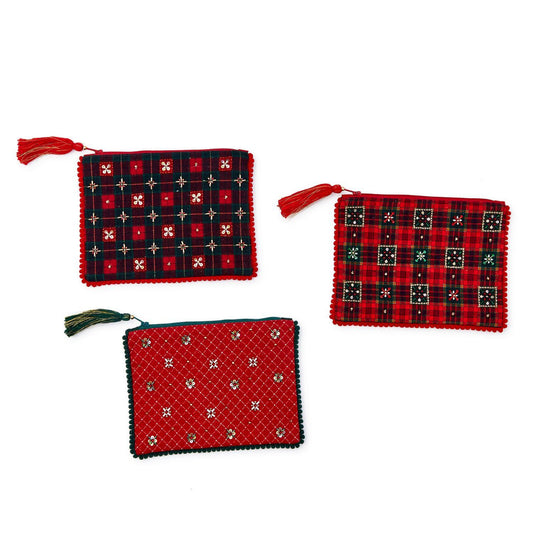 Two's Company Holiday Check Embellished Pouches with Embroidery Beading on the Front and Trim