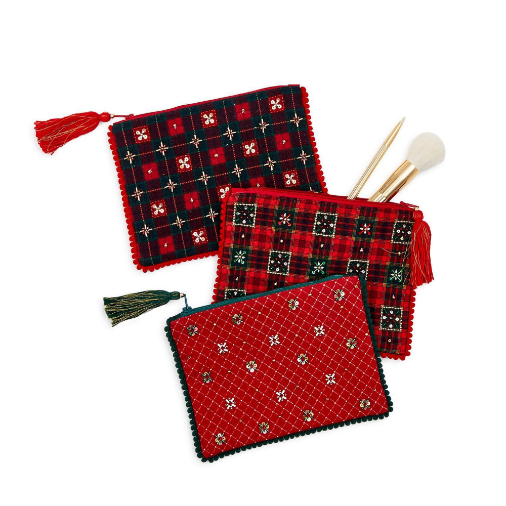 Two's Company Holiday Check Embellished Pouches with Embroidery Beading on the Front and Trim