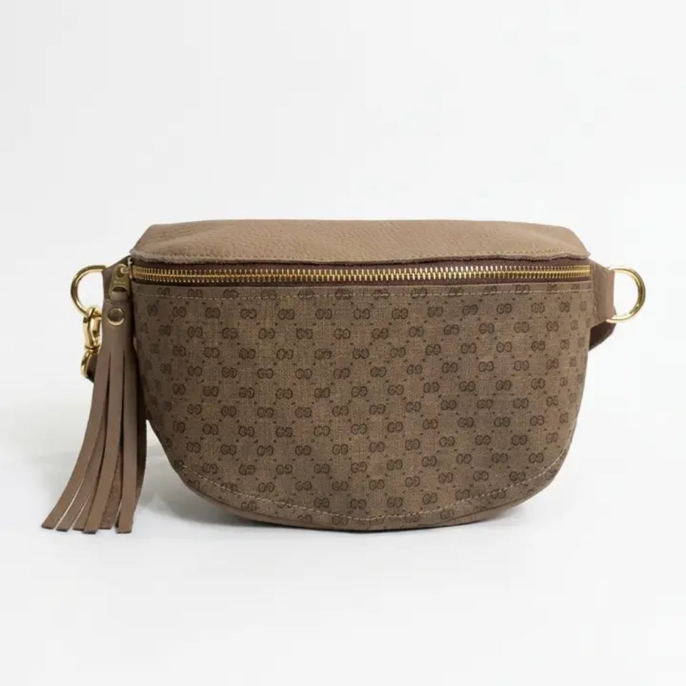 Brown patterned fanny bag with a tassel on a white background