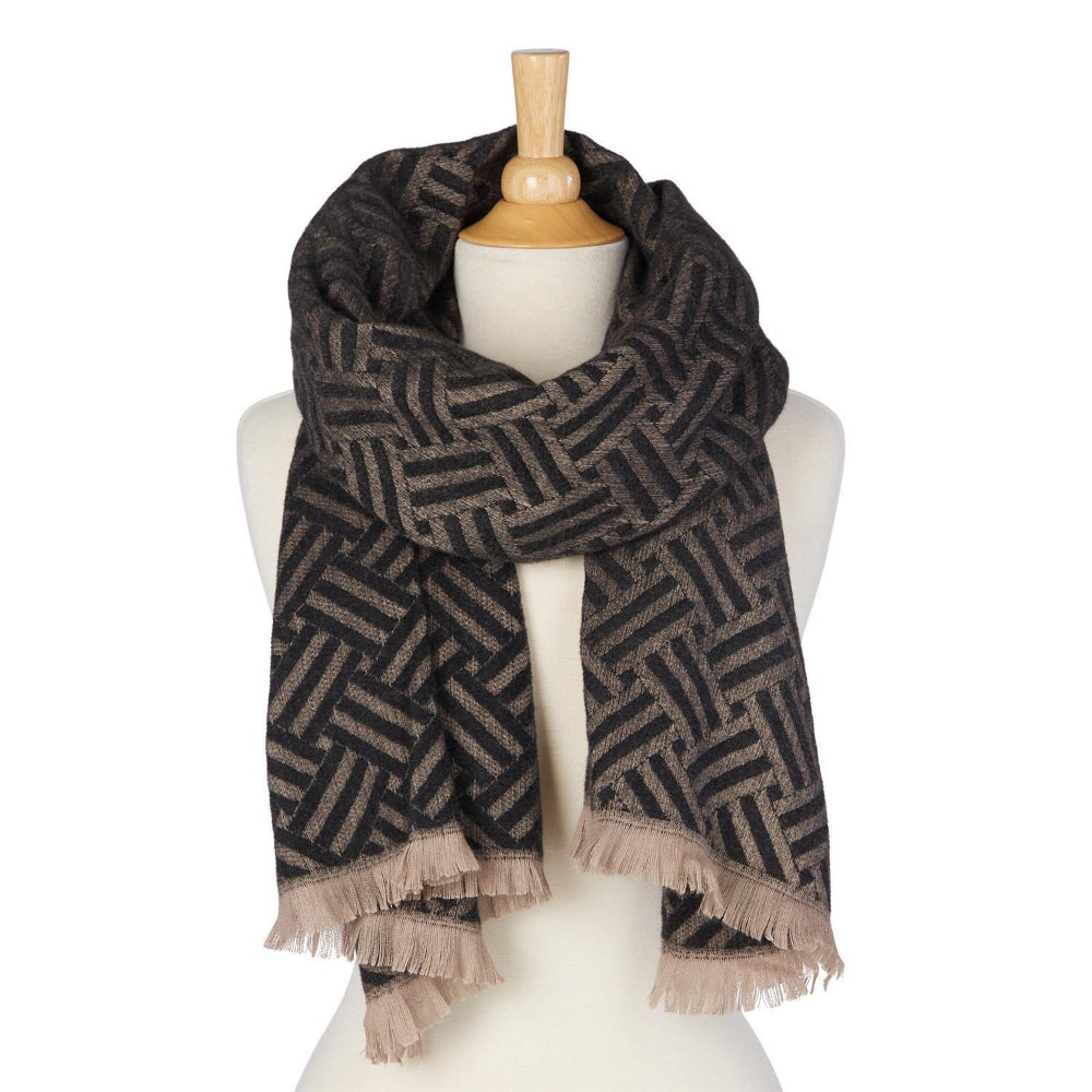 Charcoal grey patterned scarf on a mannequin with a white background