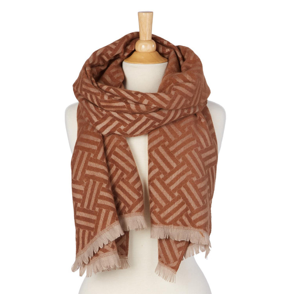  Tan patterned scarf on a mannequin with a white background