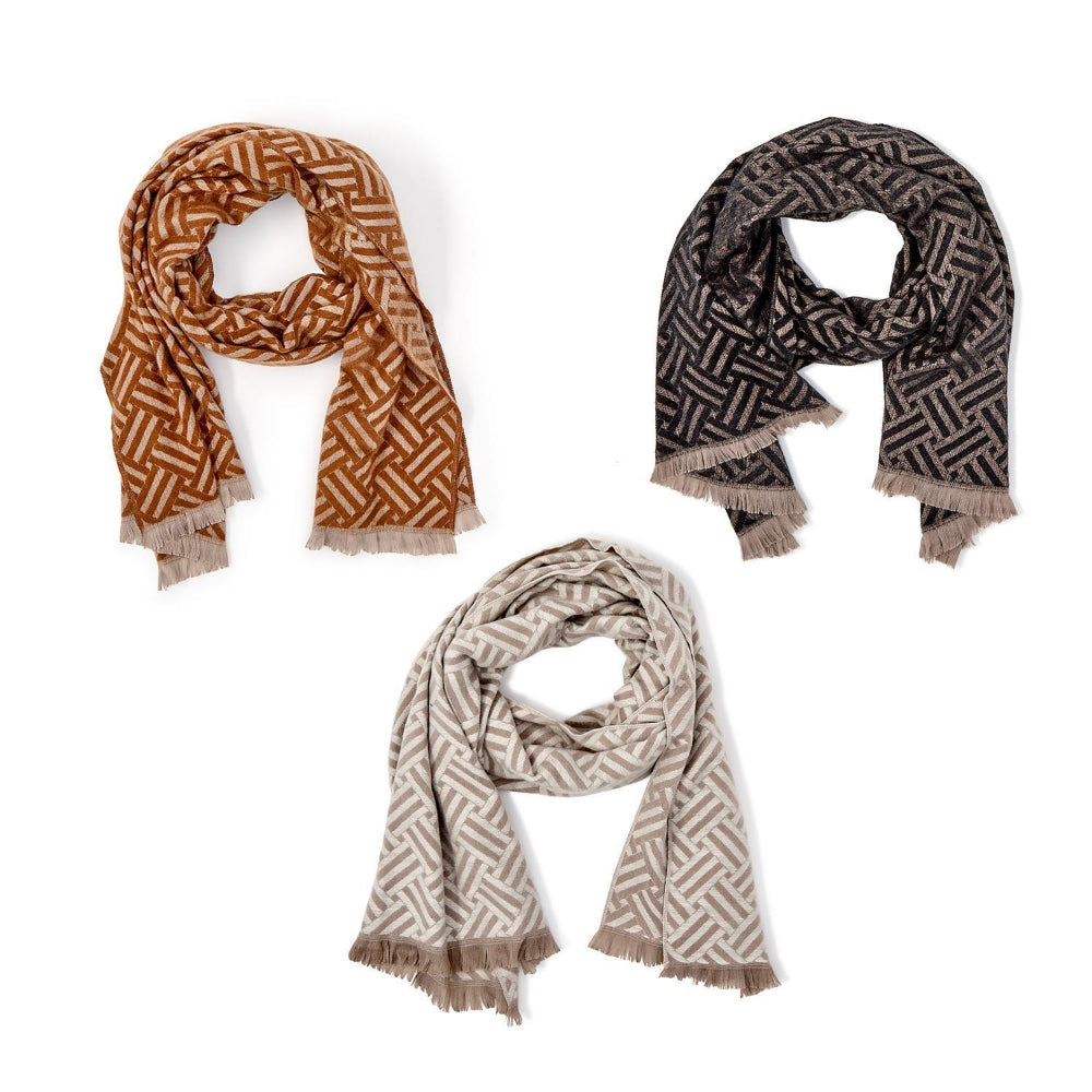 Three patterned scarves in brown, black, and beige on a white background