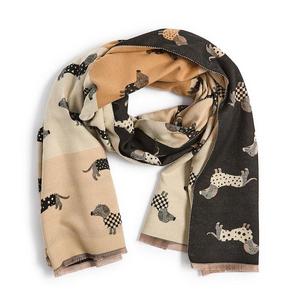 Reversible black & beige scarf with dachshund dog pattern on a white background.