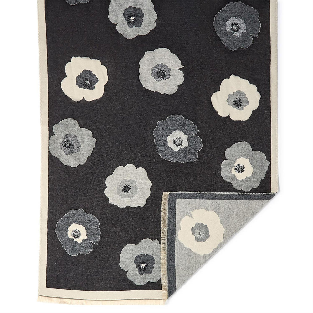Close up of a floral patterned scarf with black, gray, and white colors on a white background.