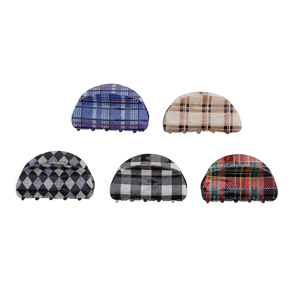 Six plaid colored hair clips on a white background