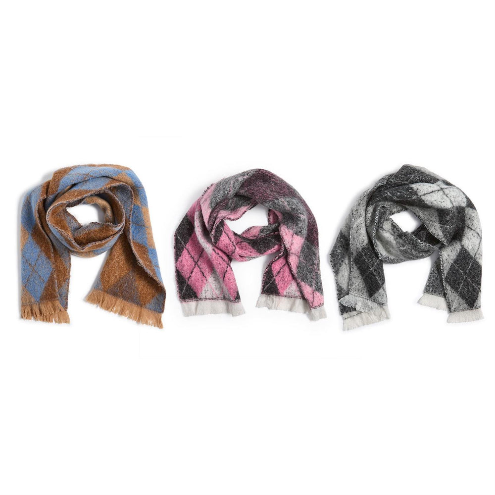 Three plaid scarves in tan, pink & black patterns on a white background