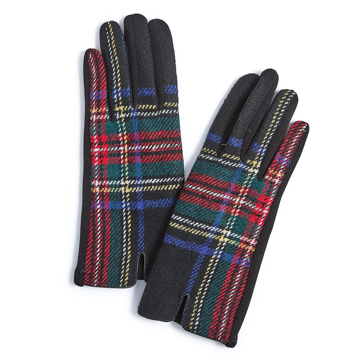 Pair of plaid gloves with black plaid on a white background