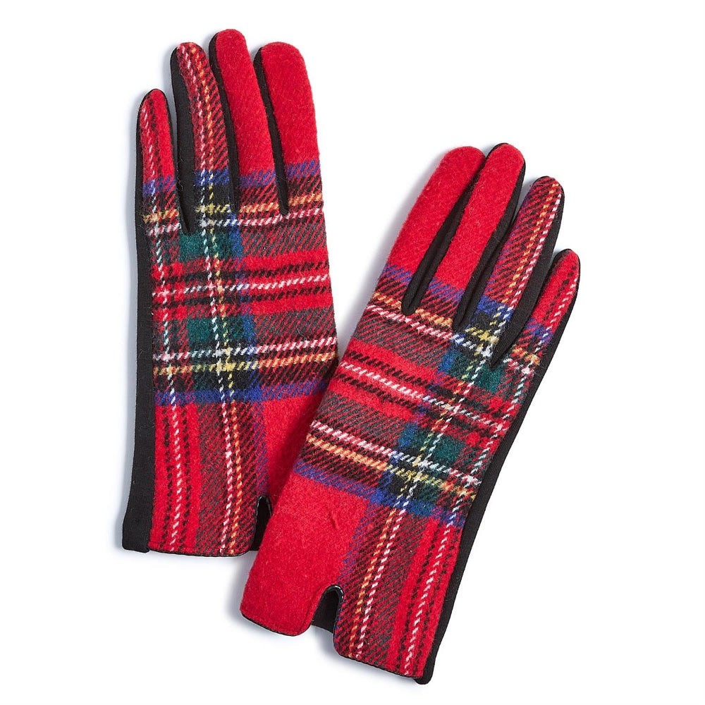 Red plaid gloves on a white background