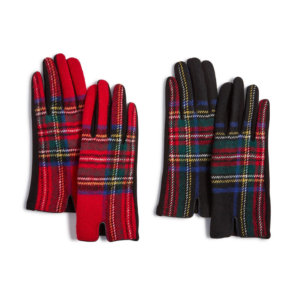 Two pairs of plaid gloves with red and black plaid on a white background.