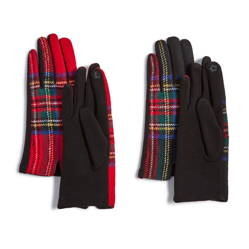 Two pairs of plaid gloves with red and black plaid and showing the black palms on both pairs on a white background.