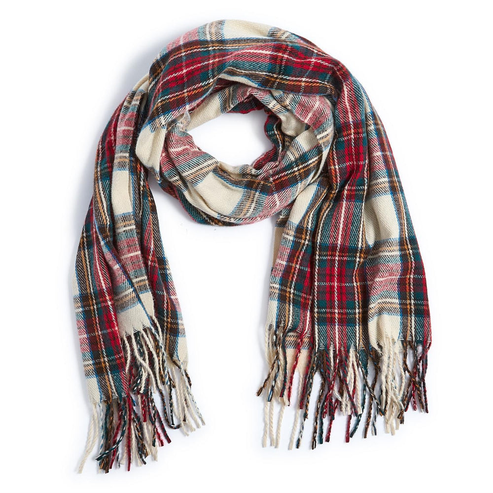 White, red & green plaid scarf with fringes on a white background.