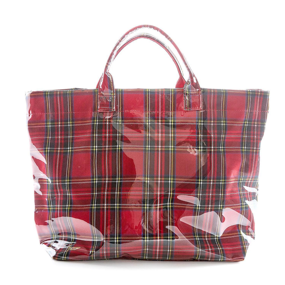 Red tartan tote bag with clear plastic overlay on a white background