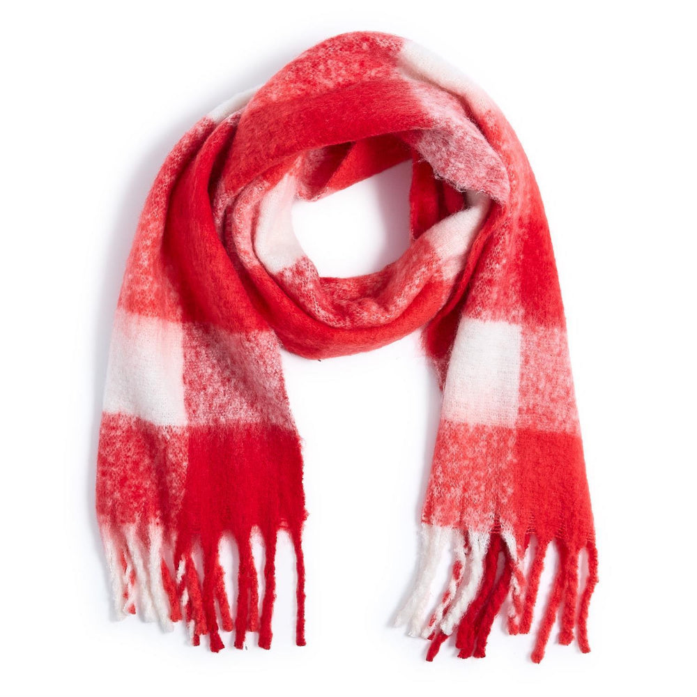 Red and white checkered scarf with fringes on a white background